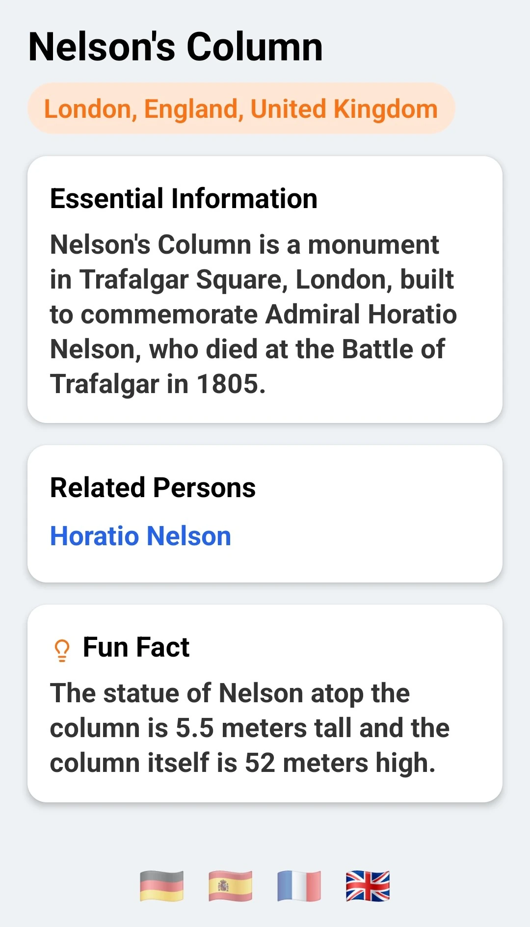 Travel Pal result for Nelson's Column showing Horatio Nelson as related person